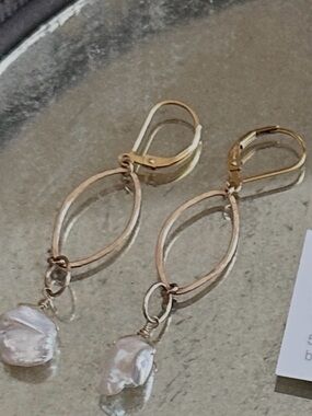 Gold Tone Drop Earrings with White Baroque Pearls